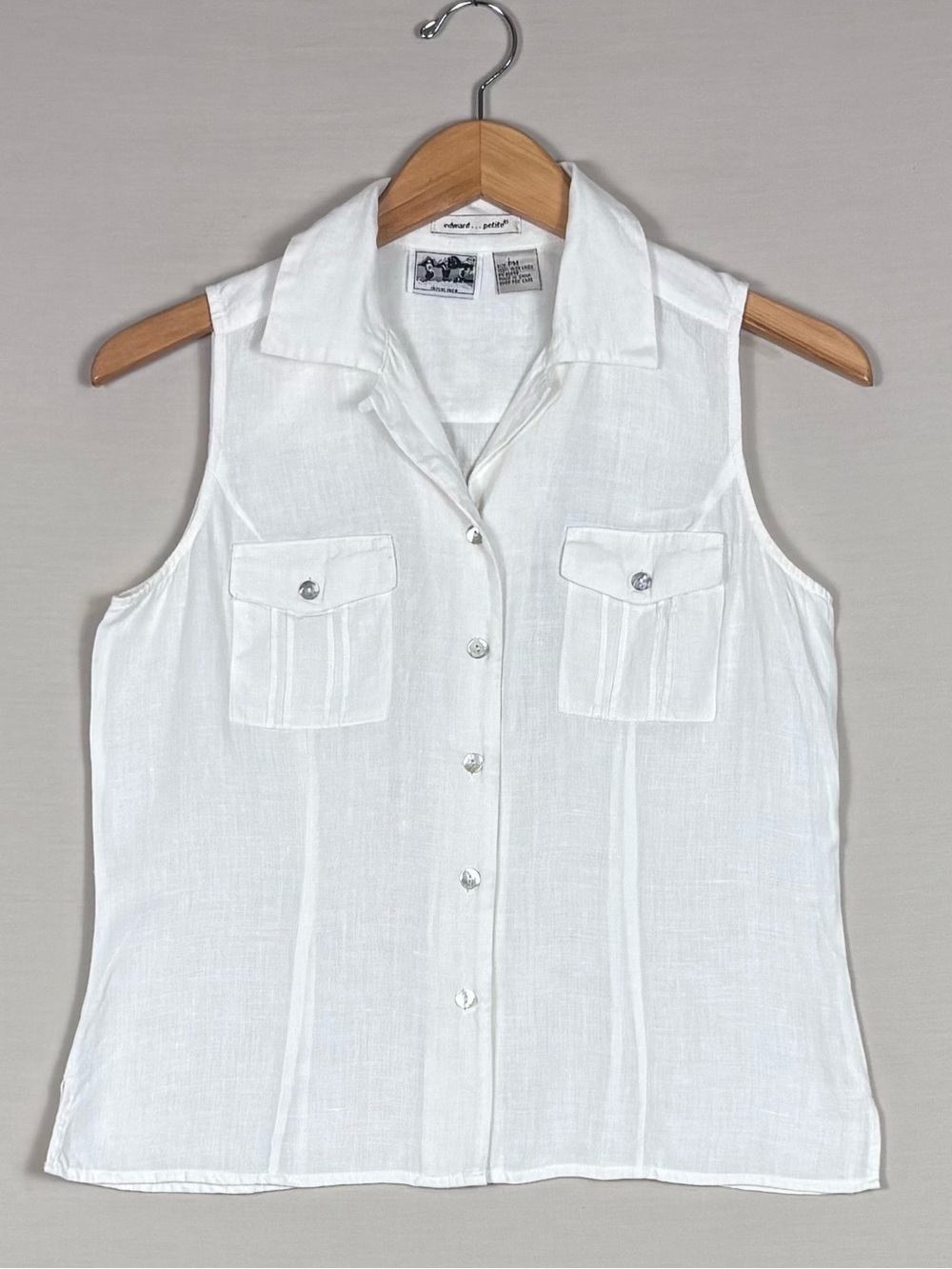 Edward Petite Irish Linen White Sleeveless Button Front Top PM Classic